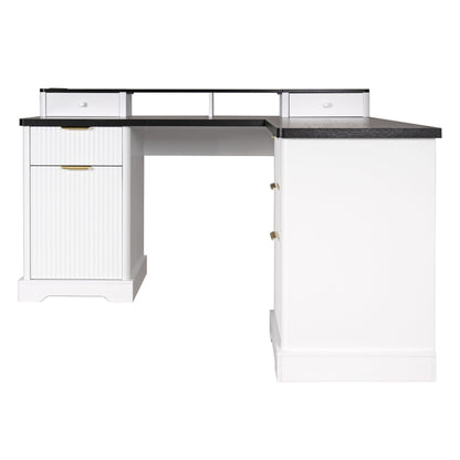 Fluted L-Shaped Desk With Charging Station & Storage Cabinet