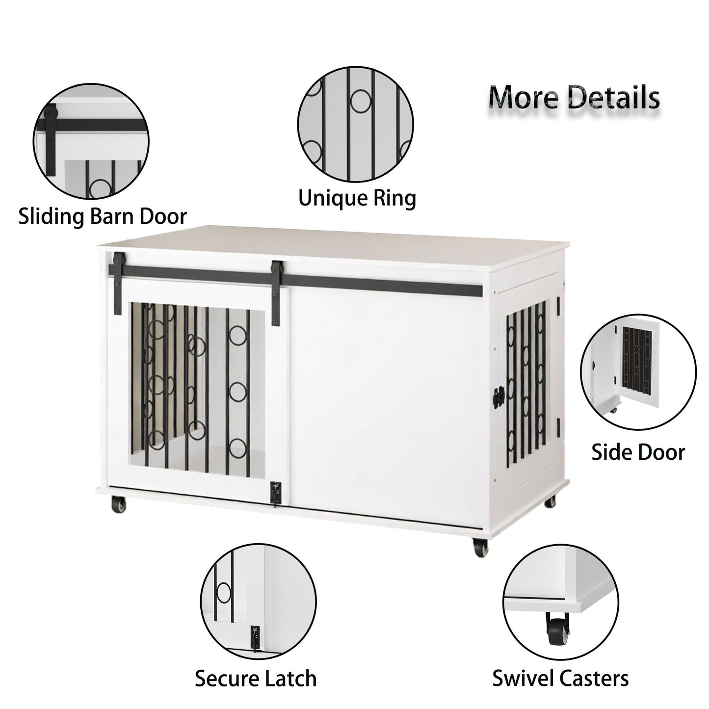 Dog Crate With Sliding Barn Door And Side Access, Lockable Wheels For Small To Medium Dogs - White