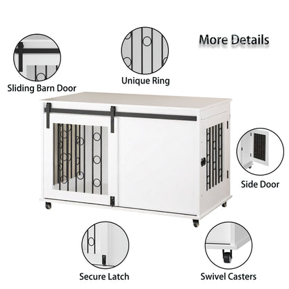Dog Crate With Sliding Barn Door And Side Access, Lockable Wheels For Small To Medium Dogs - White