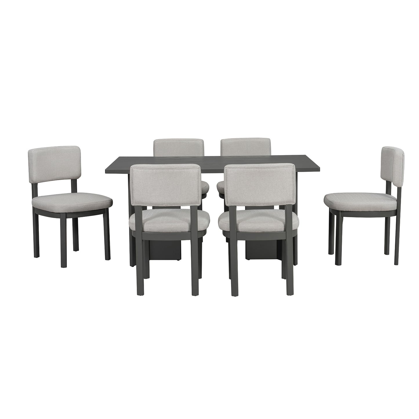 Dining Table Set With 6 Upholstered Chairs, Rectangular Table With Cutout Legs