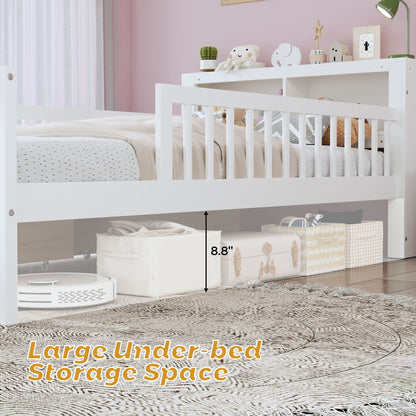 Bed With Headboard Storage Rack, 2 Under Bed Drawers, 3 Side Guardrails For Safety
