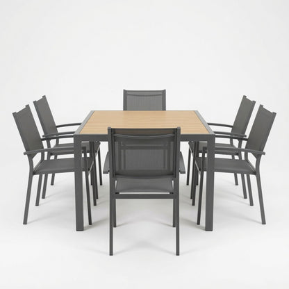 7 Piece Gray Patio Dining Set With Hdps Table And Textilene Chairs For Outdoor Use, Metal Furniture