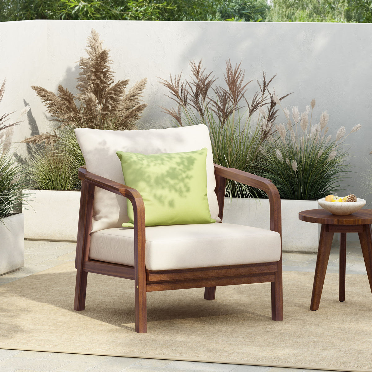 Outdoor Lounge Chair With Woven Backrest, Solid Wood Frame, Comfortable Cushions