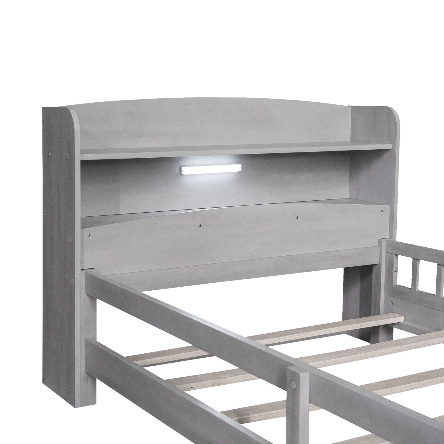 Wood Platform Bed With Built In LED Light, Storage Headboard And Guardrail