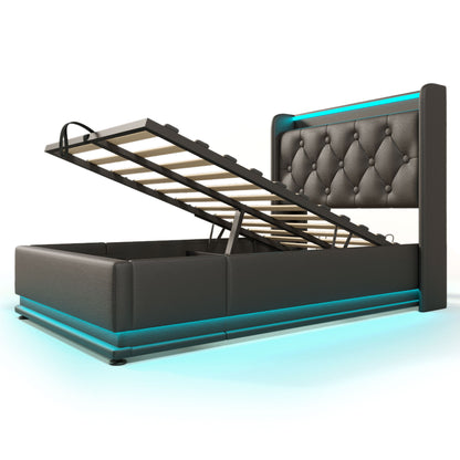 Upholstered Bed, 360 Surround LED Function, Remote Control, Hydraulic Storage Bed With USB, Type-C Charging (Without Mattress)