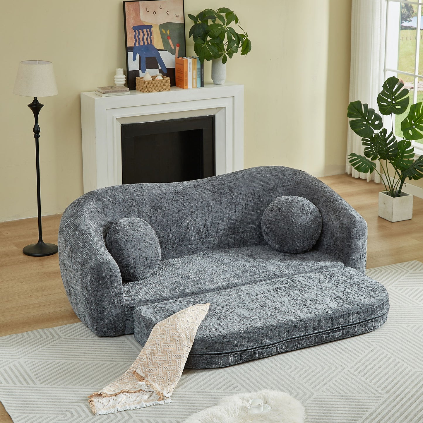 Curved Convertible Sofa, 2 In 1 Frameless Folding Sofa Bed With Pull Out Base And Deep Seat