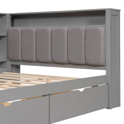 Platform Bed With Upholstered Headboard, Storage Shelves, Drawers, Charging Station, LED Lighting, Built In Desk