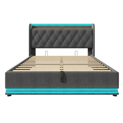 Upholstered Bed, 360 Surround LED Function, Remote Control, Hydraulic Storage Bed With USB, Type-C Charging (Without Mattress)