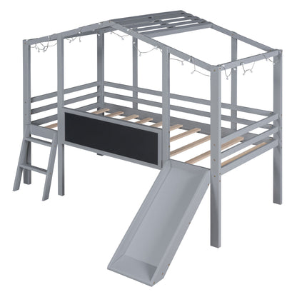 Loft House Bed With Ladder And Slide, With board And Light Strip On The Roof
