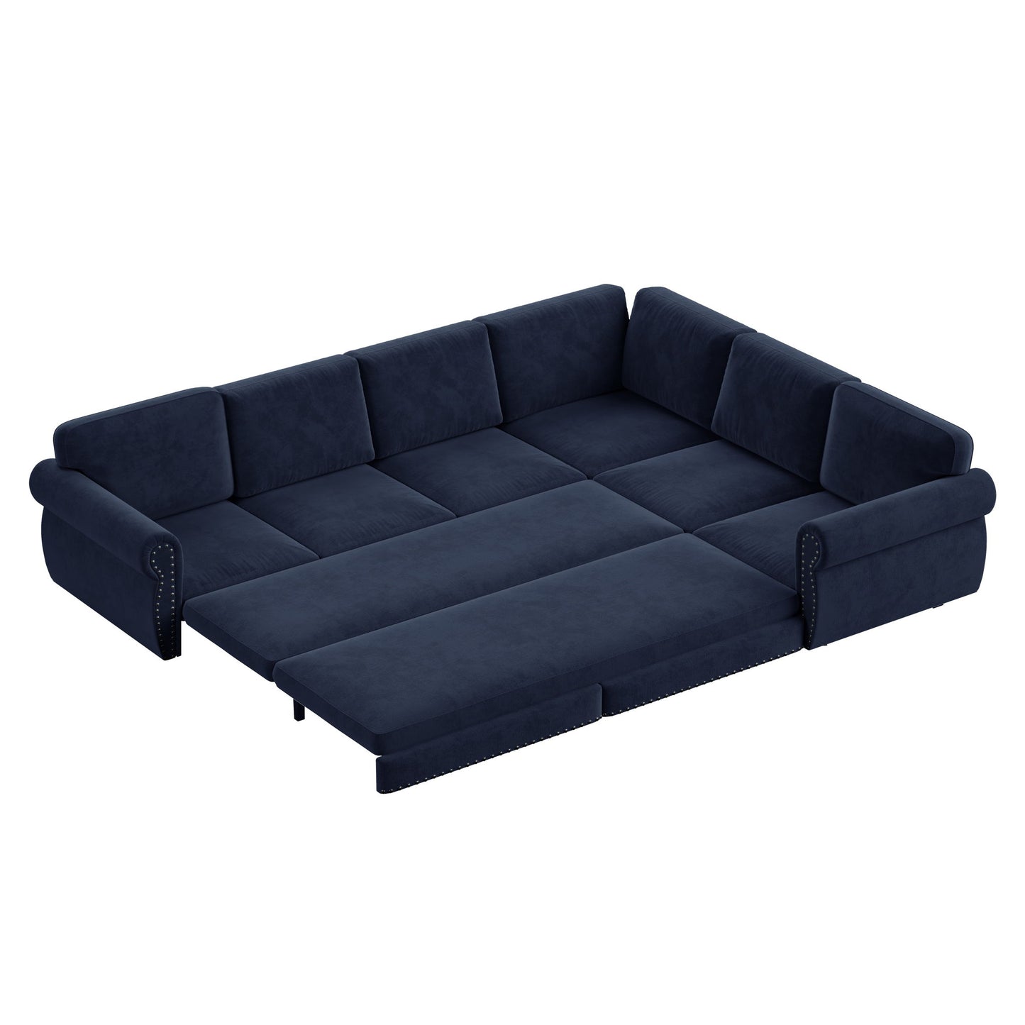 L-Shaped Sofa Couch With Pull Out Bed With Nailhead Trim & Rolled Arm