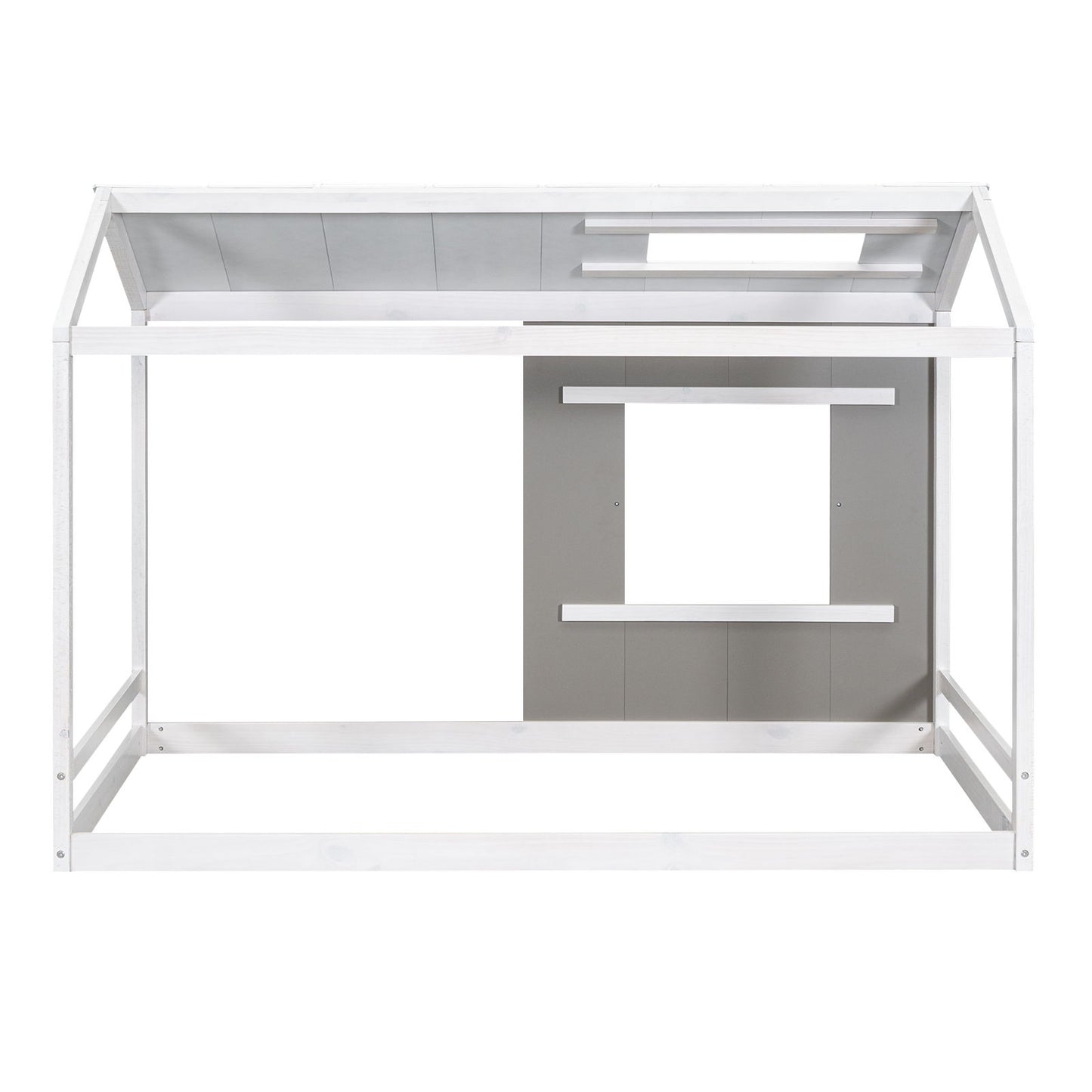 Twin Size House Platform Bed With Roof And Window - Natural / White