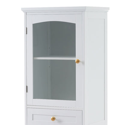 Tall Bathroom Storage Cabinet With Glass Doors, Free-Standing, Two Drawers, And Adjustable Shelves, Board, Painted Perfect For Displaying Your Favorite Items