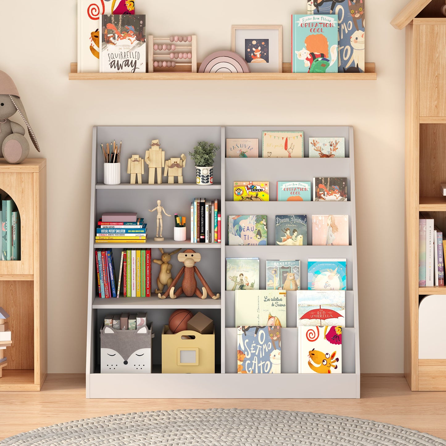 Bookshelf And Toy Storage Organizer, 4 Tier Bookcase With Display Stand For Playroom