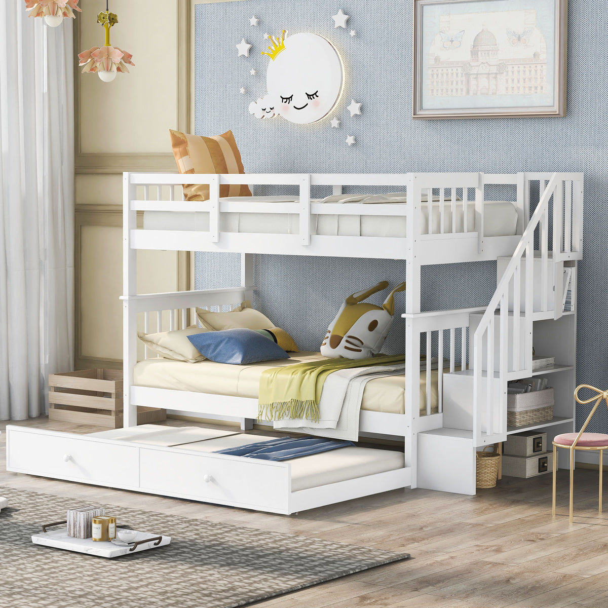 Stairway Bunk Bed With Storage And Guard Rail For Bedroom