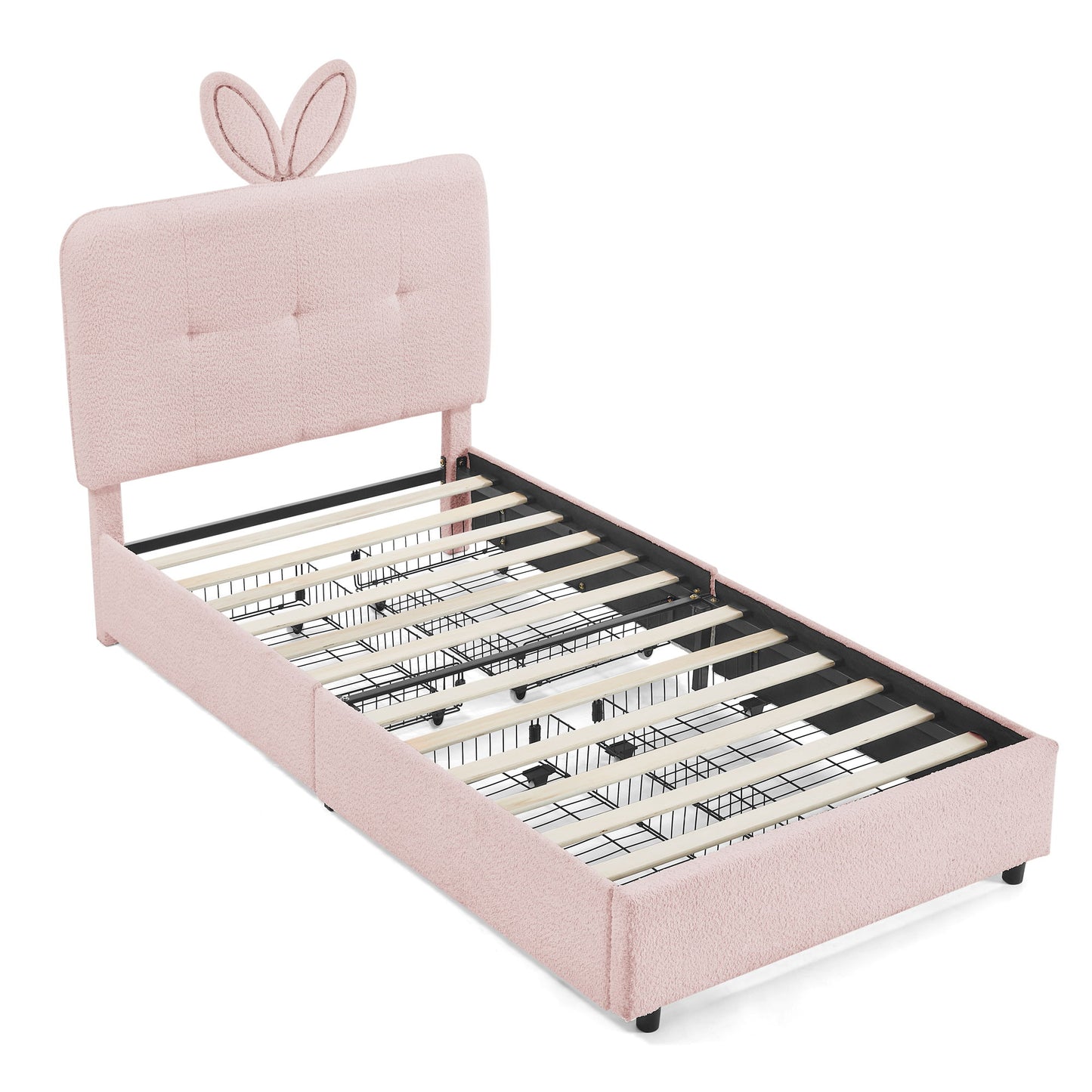 Upholstered Bed With Oversized Rabbit Ear Headboard, LED Lights & 4 Storage Drawers