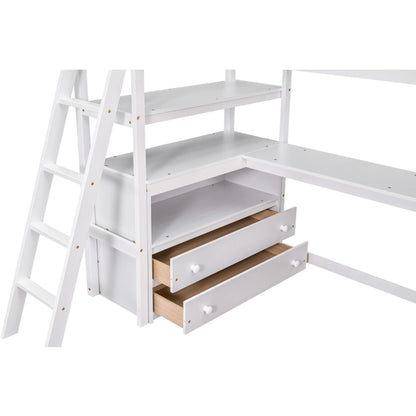 Modern Loft Bed With Built In Desk, Shelves, And 2 Drawers