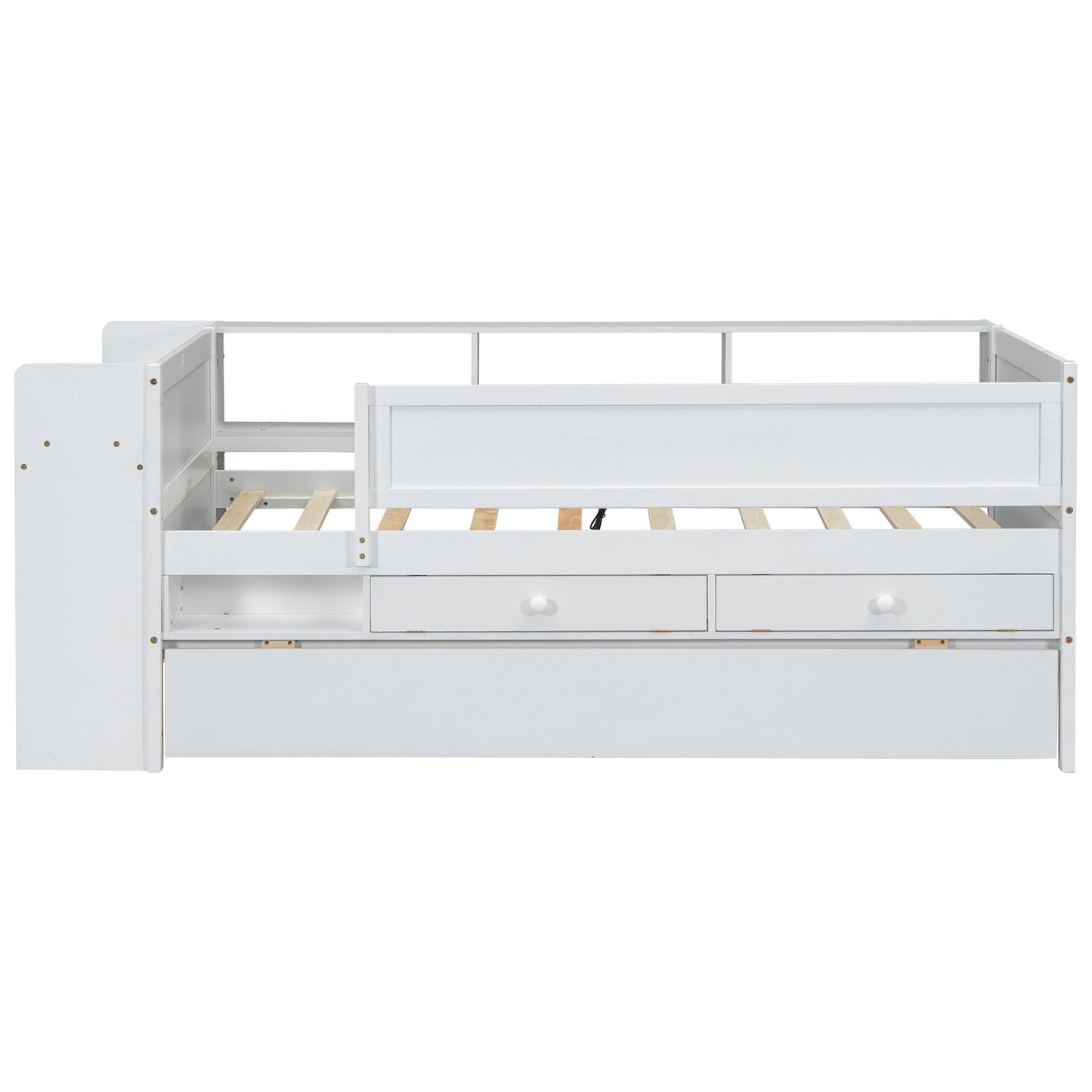 Twin Daybed With Drawers, Trundle, Headboard Storage, Study Desk, And USB Charging Station - White