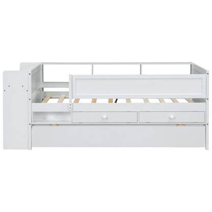 Twin Daybed With Drawers, Trundle, Headboard Storage, Study Desk, And USB Charging Station - White