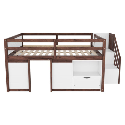 Low Loft Bed Frame With Built In Stairs, Storage Drawer, Shelf And 7 Color LED Light