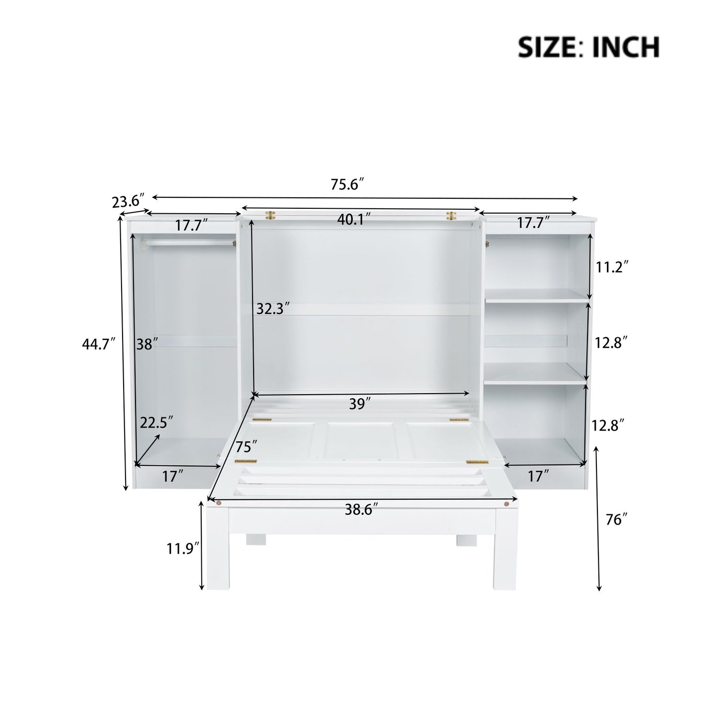 Twin Size Murphy Bed With Bedside Shelves And Wardrobe - White