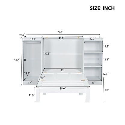 Twin Size Murphy Bed With Bedside Shelves And Wardrobe - White
