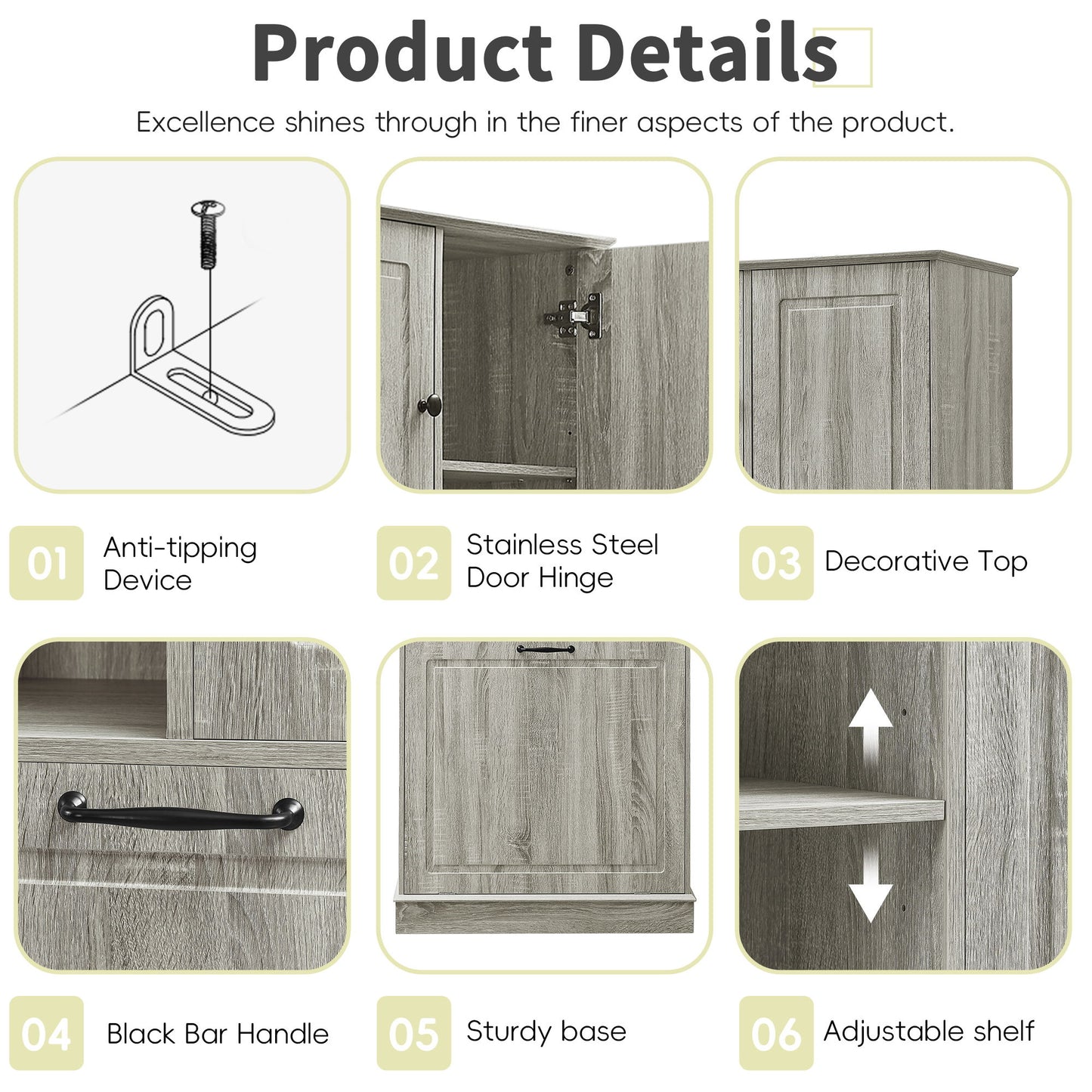 Modern Tall Storage Cabinet With Adjustable Shelves, Flip-Out Basket & Enclosed Doors