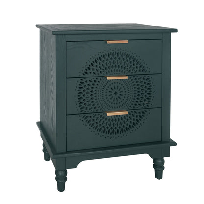 Hollow Carved 3 Drawer Dresser With Metal Handles, Storage Chest For Living Room Or Bedroom - Blackish Green