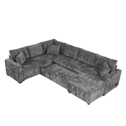 Sectional Sofa Pull-Out Sofa Bed Sleeper With A Storage Ottoman, Three Pillows And Charging Devices For Living Room