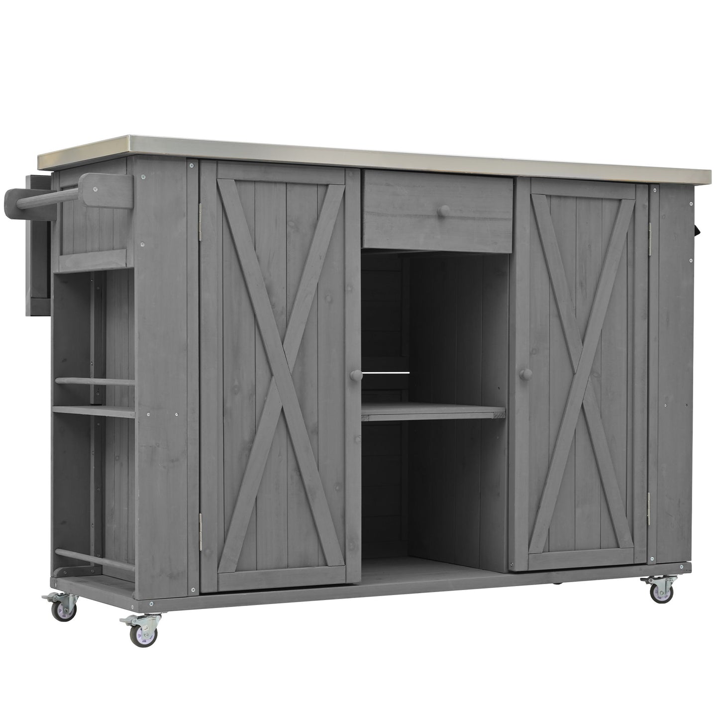 Outdoor Kitchen Island With Stainless Steel Top, Ample Storage Space, Towel And Spice Racks And A Bottle Opener