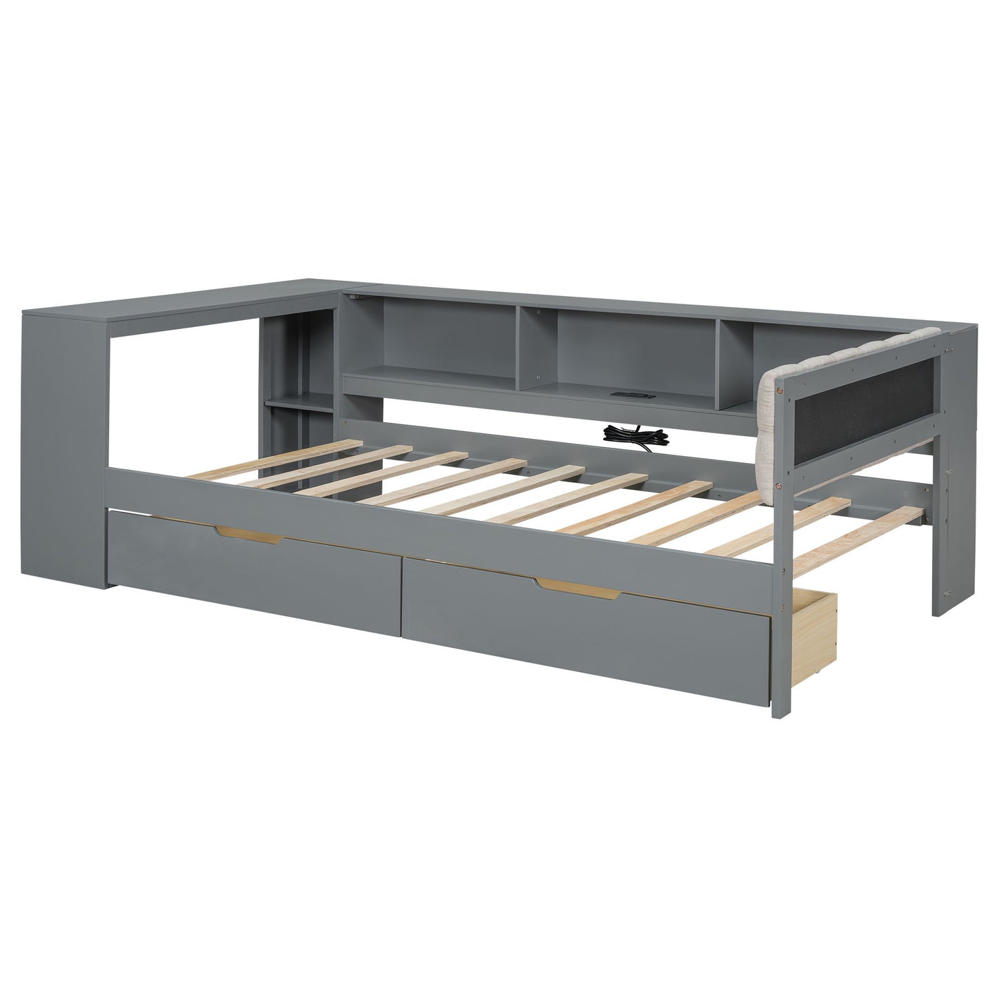 Upholstered Headboard Platform Bed With Storage Shelves, Drawers, Charging Station