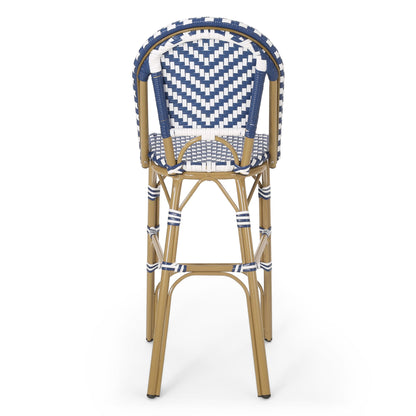 Outdoor Rattan French Barstool Set,, Bamboo, Seat Height - Navy Blue / White
