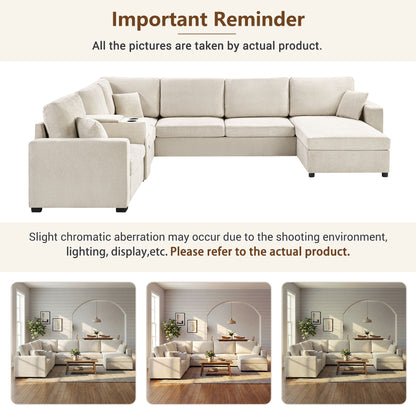 Modular 5 Seat U-Shape Sectional Sofa With Chaise Lounge, Built In Cup Holders And Storage Drawer