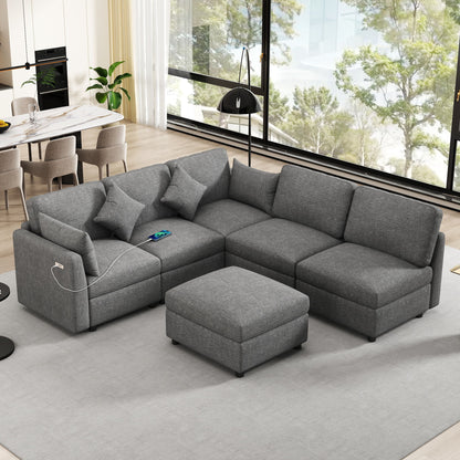 Sectional Sofa Modular U-Shaped With Ottoman & USB Ports