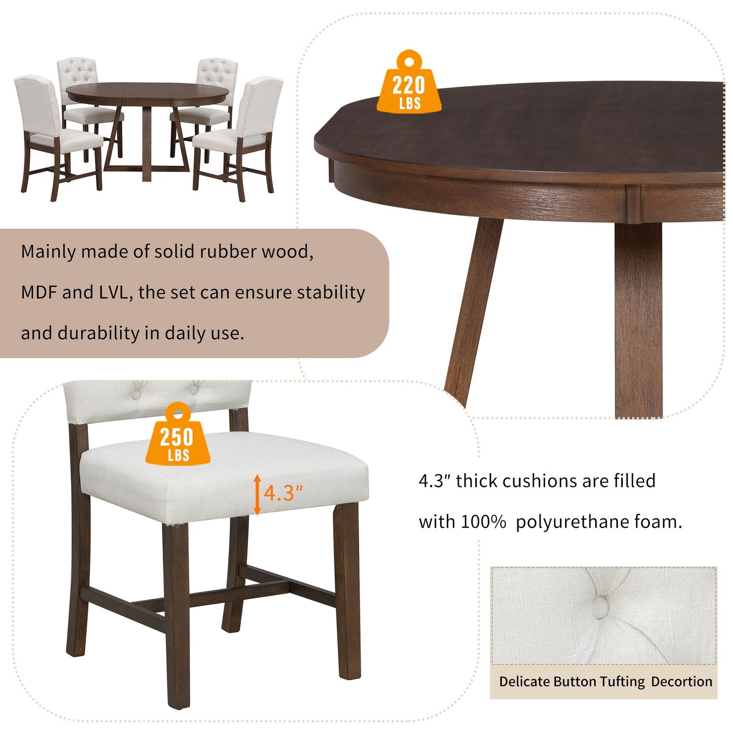 Dining Set With Leaf Round Table And 4 Upholstered Chairs