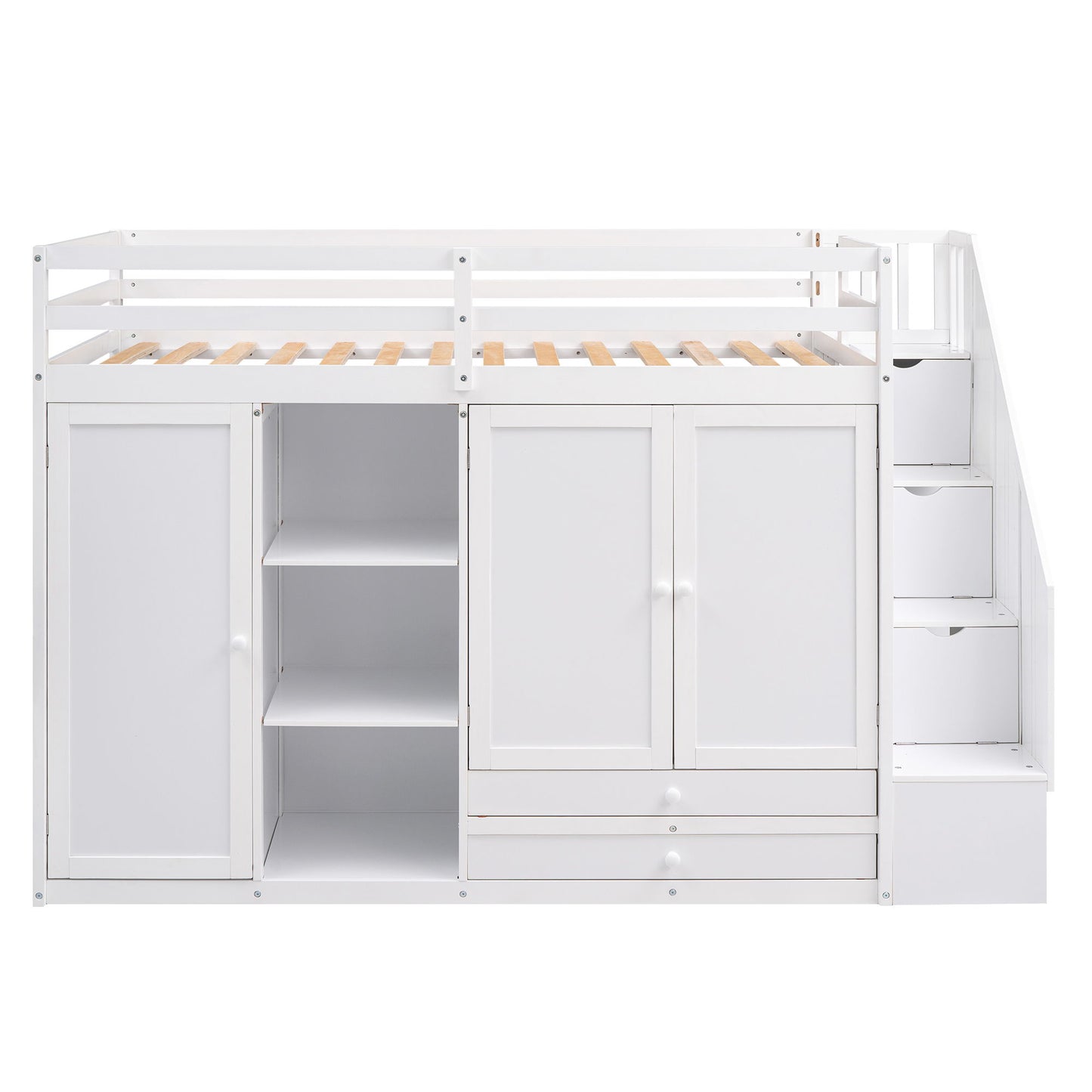 Loft Bed With 3 Shelves, 2 Wardrobes, 2 Drawers, Ladder Storage