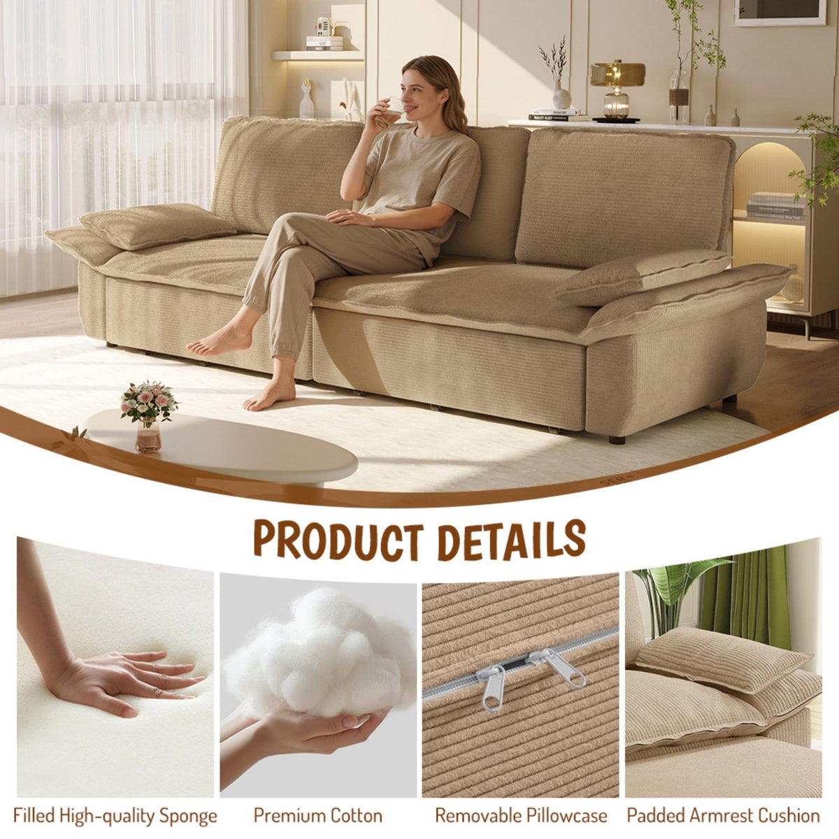 King Size Pull Out Sofa Bed, 3 In 1 Convertible Multifunctional