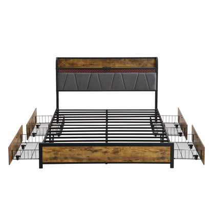 Contemporary Bed Frame With Storage Headboard, Charging Station, LED Lights