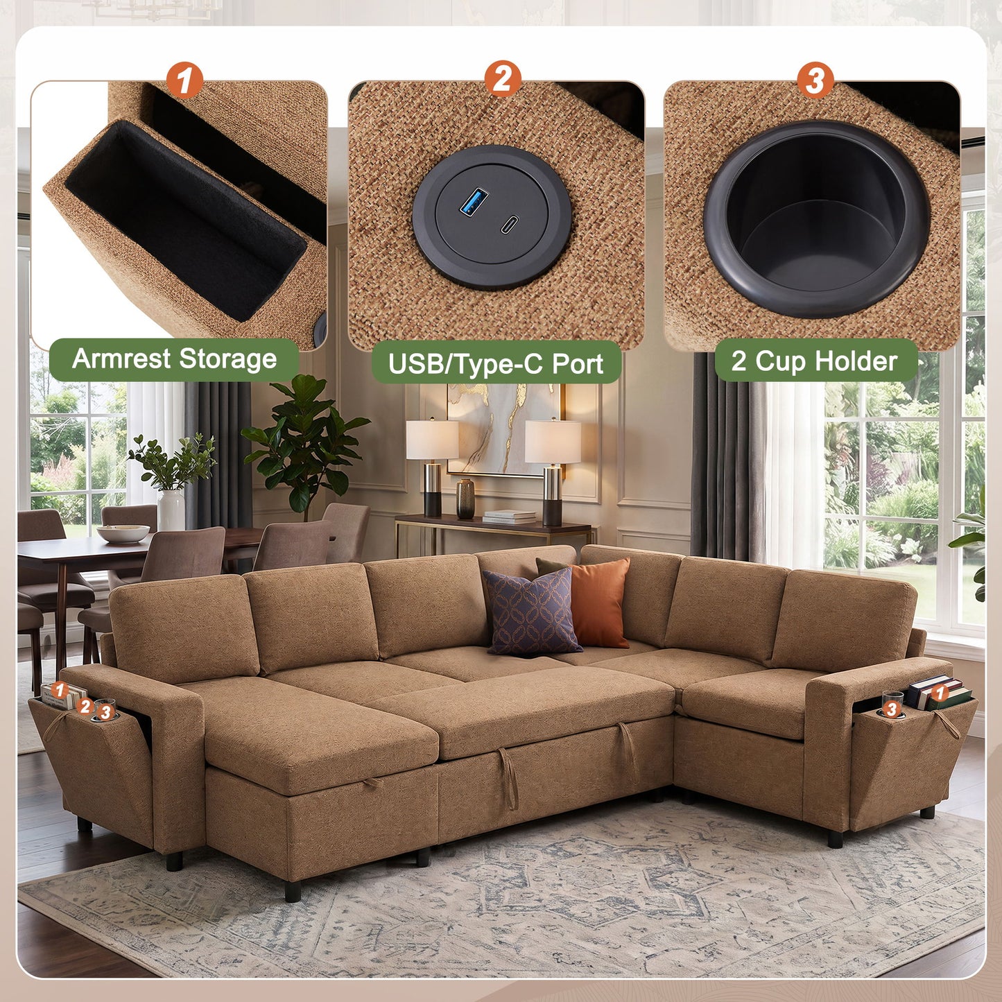 U - Shaped Convertible Sectional Sofa Bed With Storage, USB Charger & Cup Holders