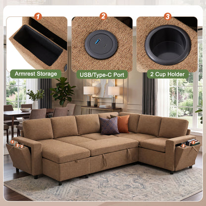 U - Shaped Convertible Sectional Sofa Bed With Storage, USB Charger & Cup Holders