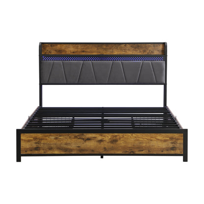 Contemporary Bed Frame With Storage Headboard, Charging Station, LED Lights
