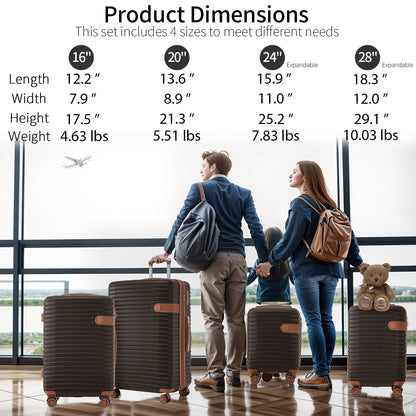 4 Piece Luggage Set Suitcase Set, Abs Hard Shell Lightweight Expandable Travel Luggage With 4 Packing Cubes, Tsa Lock, Spinner Wheels (16 / 20 / 24 / 28) - Coffee