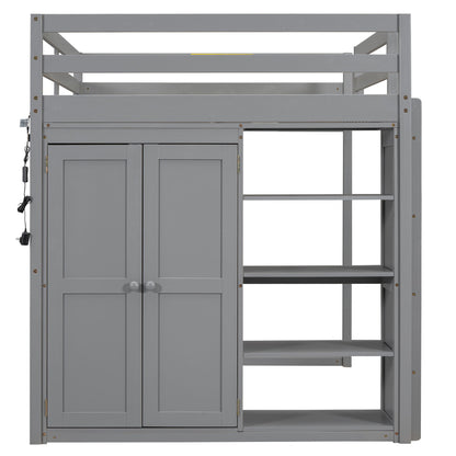 Loft Bed With Built In Wardrobe, Storage Shelves, And LED Light