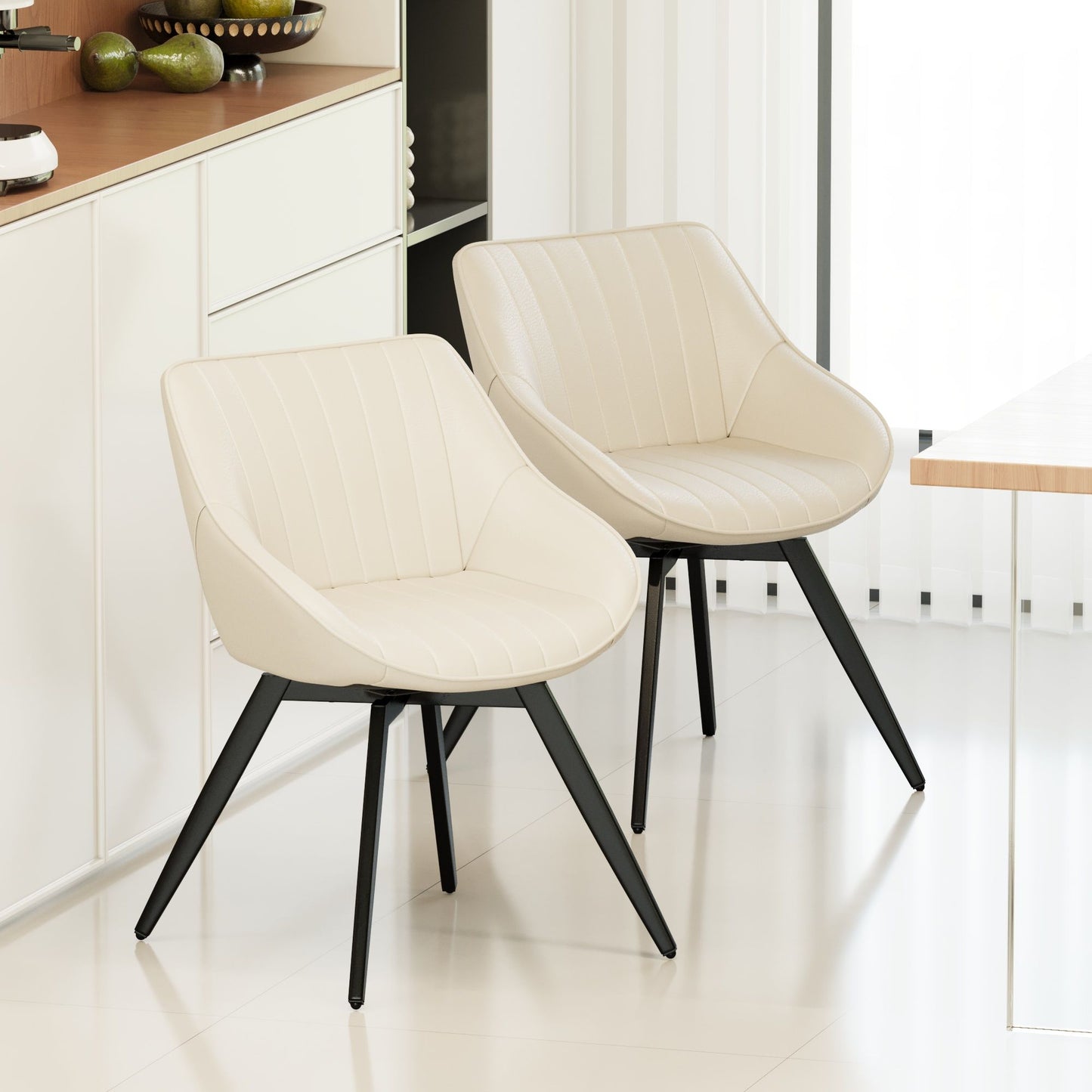 Round Coffee Table With 2 Dining Chairs Set, Ring Striped Design - Beige / Wood