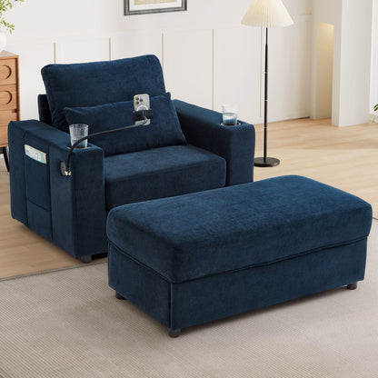 Modern Style Armchair Chaise Lounge Sofa Couch With Movable Storage Ottoman, USB Ports, Cup Holders, Phone Holder, Side Pockets