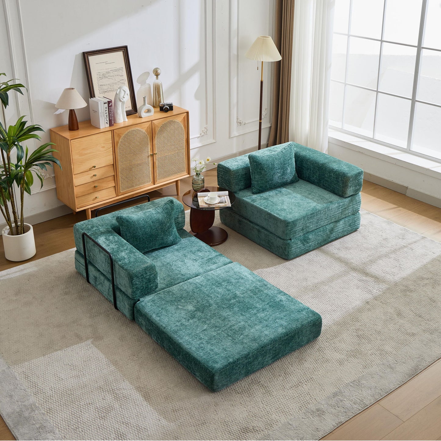 Convertible Floor Sofa Bed With Pillow Back Support Armrest