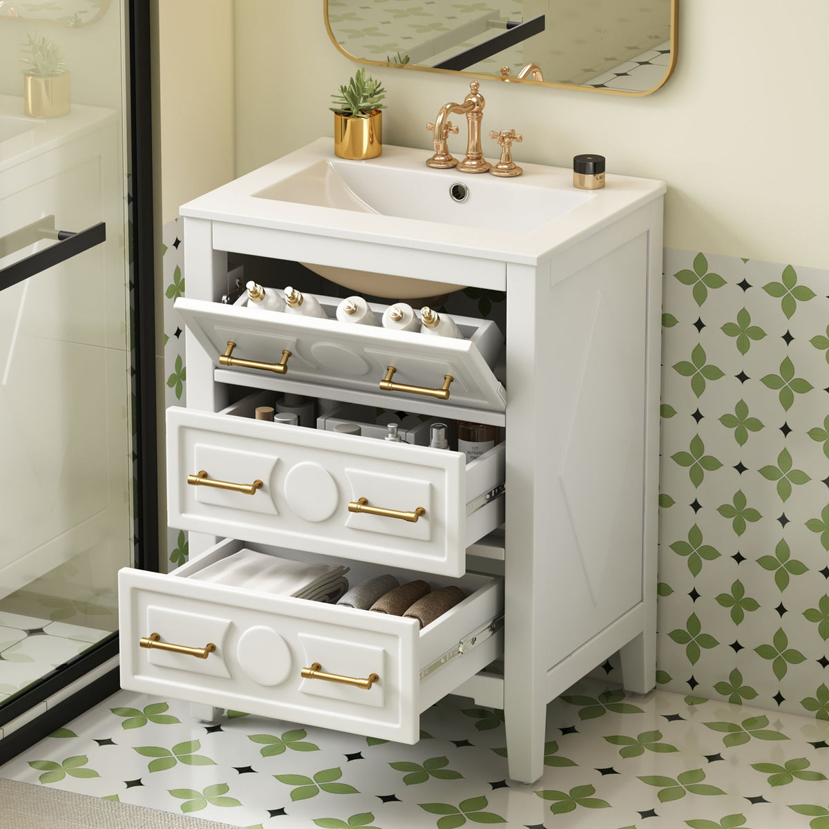 Bathroom Vanity With Sink, Free Standing Single Set, 3 Drawer Storage Cabinet