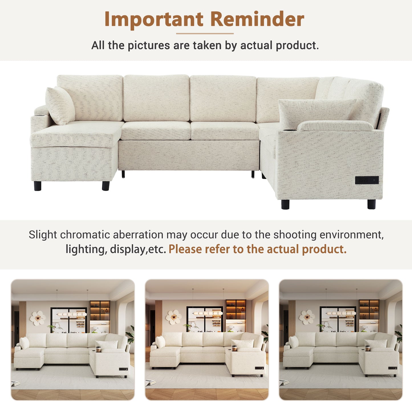 U-Shaped Sectional Sleeper Sofa With Ample Storage Space, 2 Cup Holders And Charging Ports For Living Room
