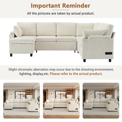 U-Shaped Sectional Sleeper Sofa With Ample Storage Space, 2 Cup Holders And Charging Ports For Living Room