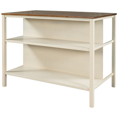 Rustic 3 Piece Stationary Kitchen Island Set With 2 Seatings, With 2 Open Shelves