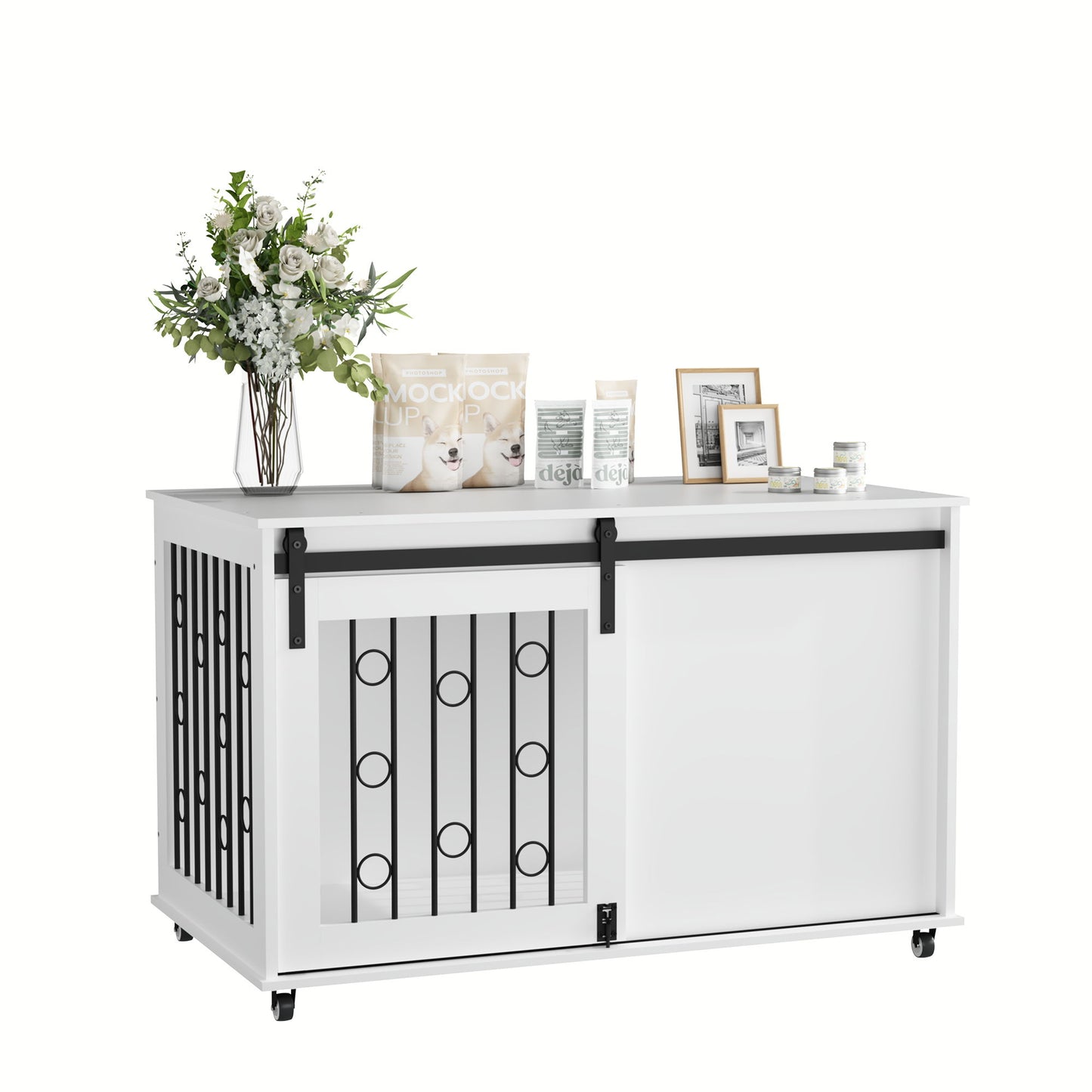 Dog Crate With Sliding Barn Door And Side Access, Lockable Wheels For Small To Medium Dogs - White